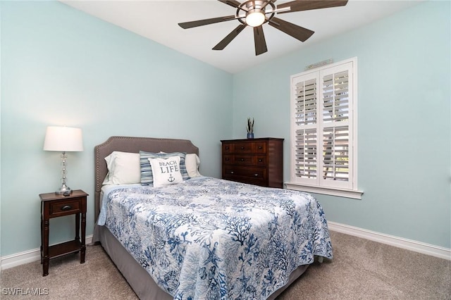 bedroom with light colored carpet and ceiling fan