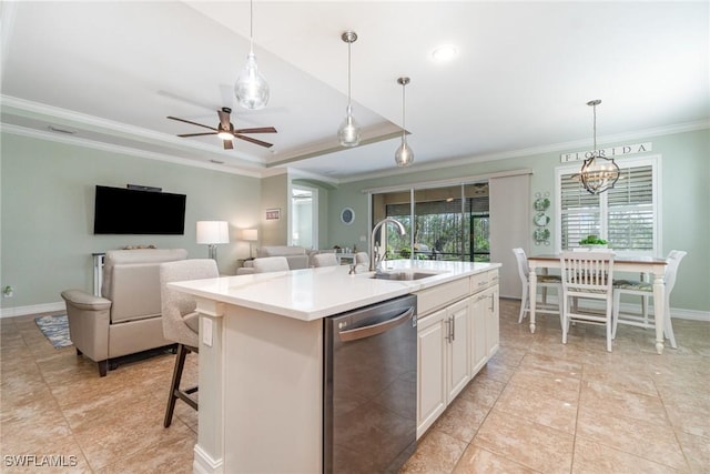 kitchen with sink, decorative light fixtures, black dishwasher, a kitchen island with sink, and white cabinets