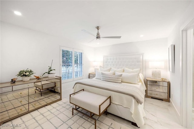 bedroom featuring a ceiling fan and recessed lighting