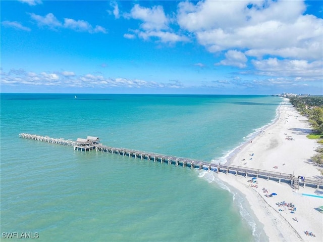 drone / aerial view with a water view and a beach view