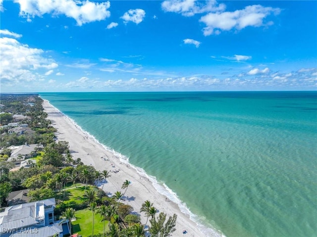 bird's eye view featuring a water view and a view of the beach