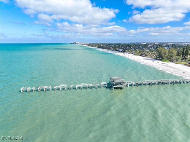 aerial view with a water view and a view of the beach