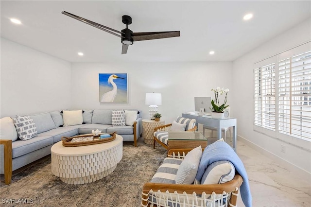 living area with baseboards, marble finish floor, a ceiling fan, and recessed lighting