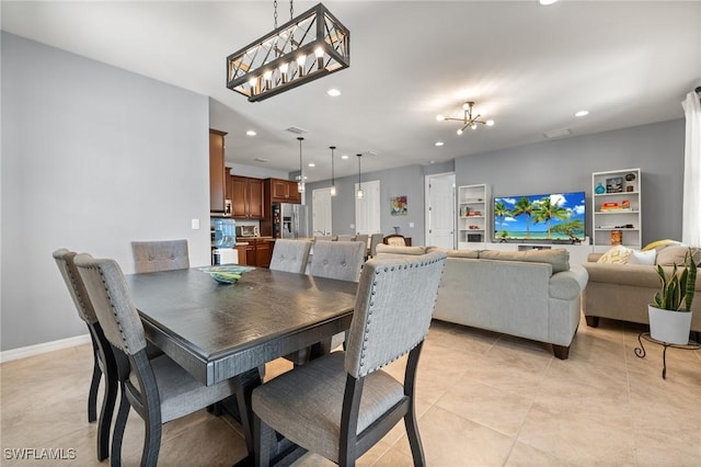 dining room with baseboards, light tile patterned flooring, a notable chandelier, and recessed lighting