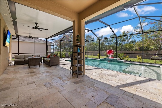 view of pool featuring an outdoor hangout area, a patio, a lanai, and a fenced in pool