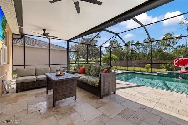 view of patio / terrace with an outdoor hangout area, a lanai, a ceiling fan, and a fenced in pool