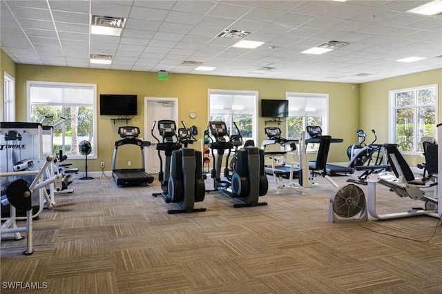 exercise room featuring carpet floors, plenty of natural light, and visible vents