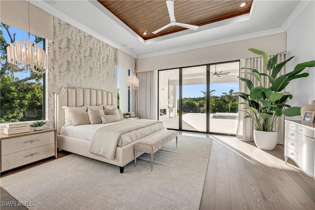 bedroom featuring access to exterior, wood ceiling, light hardwood / wood-style floors, a raised ceiling, and crown molding