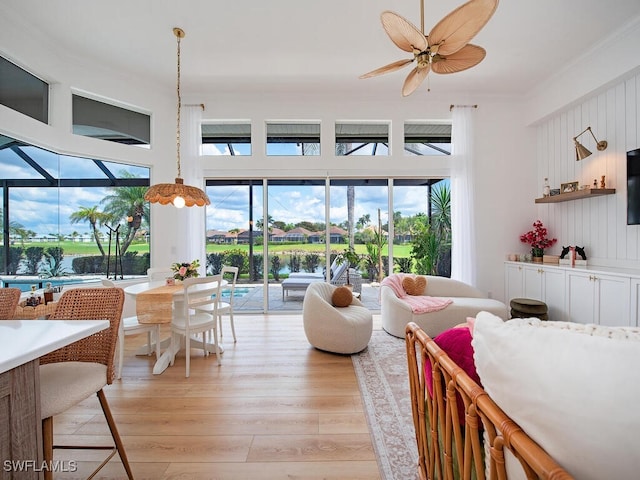 living room with ceiling fan and light hardwood / wood-style floors