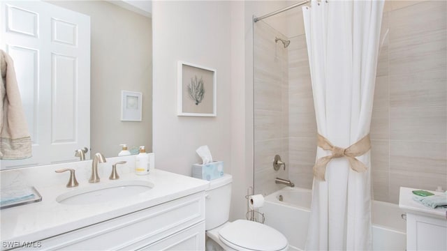 bathroom with toilet, shower / bath combination with curtain, and vanity