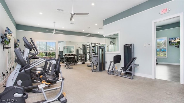 workout area featuring light carpet, visible vents, baseboards, ceiling fan, and recessed lighting