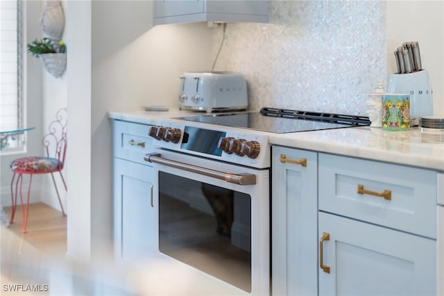 kitchen with high end white range oven and decorative backsplash