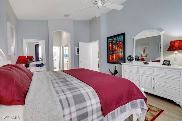 bedroom featuring light hardwood / wood-style flooring and ceiling fan