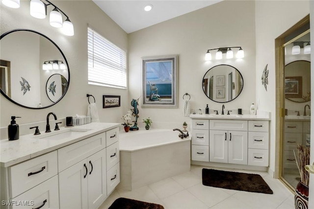 bathroom with tile patterned flooring, vanity, separate shower and tub, and lofted ceiling