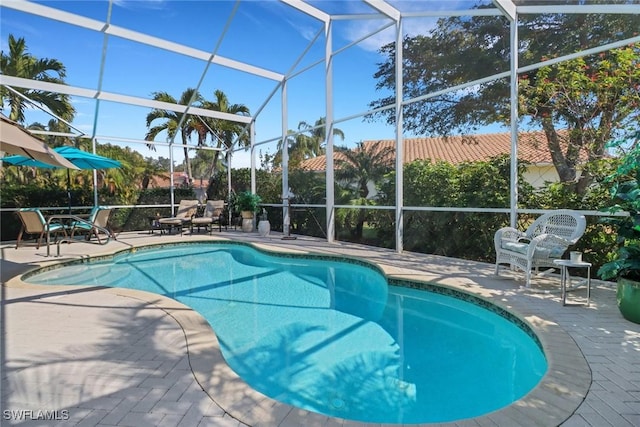 view of swimming pool featuring a lanai and a patio area