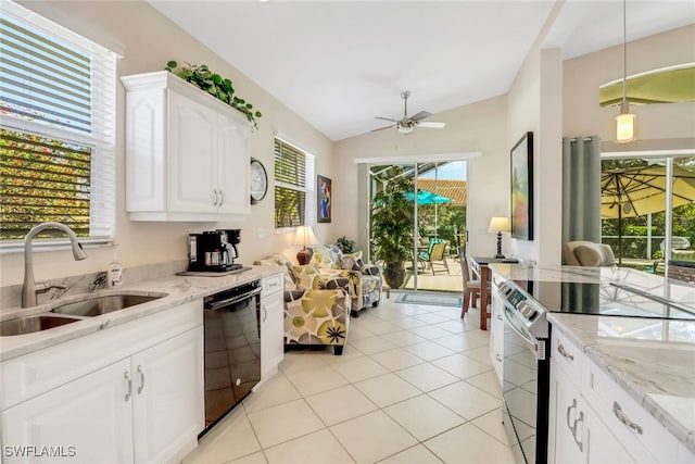 kitchen with sink, electric range, black dishwasher, light stone countertops, and white cabinets