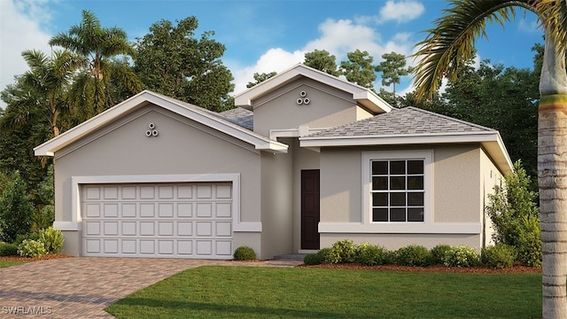 view of front of house featuring a garage, roof with shingles, decorative driveway, a front lawn, and stucco siding