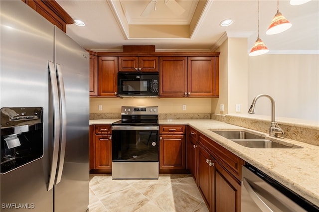 3458 Hancock Bridge Pkwy Unit 114, North Fort Myers, FL 33903 - kitchen with stainless steel appliances, a sink, crown molding, light stone counters, and hanging light fixtures