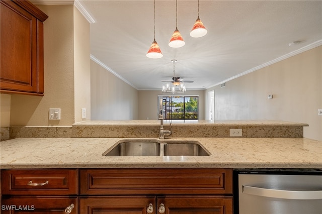 3458 Hancock Bridge Pkwy Unit 114, North Fort Myers, FL 33903 - kitchen with dishwasher, a sink, crown molding, light stone countertops, and brown cabinets