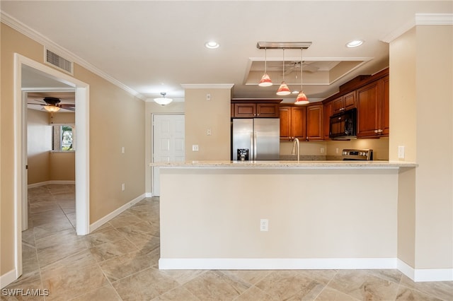 3458 Hancock Bridge Pkwy Unit 114, North Fort Myers, FL 33903 - kitchen with appliances with stainless steel finishes, crown molding, a ceiling fan, a peninsula, and decorative light fixtures