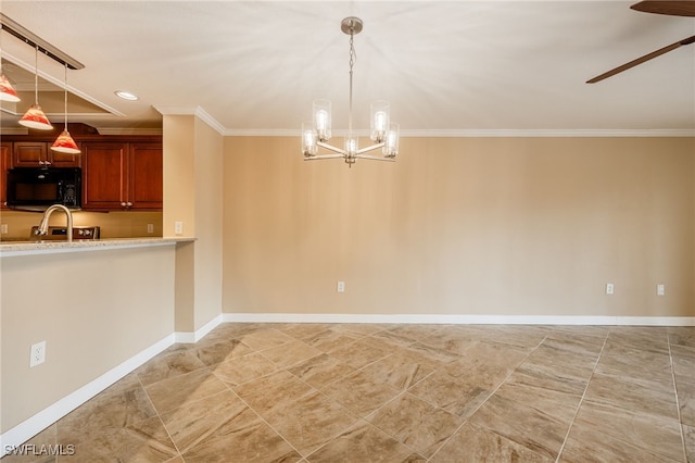 3458 Hancock Bridge Pkwy Unit 114, North Fort Myers, FL 33903 - unfurnished dining area featuring a ceiling fan, ornamental molding, a chandelier, baseboards, and recessed lighting
