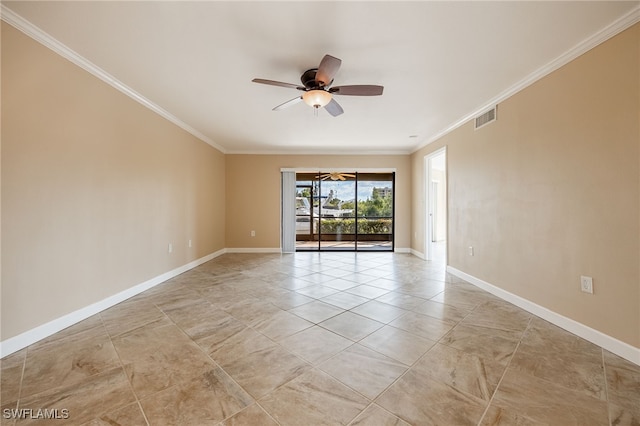 3458 Hancock Bridge Pkwy Unit 114, North Fort Myers, FL 33903 - empty room featuring a ceiling fan, ornamental molding, baseboards, and light tile patterned floors