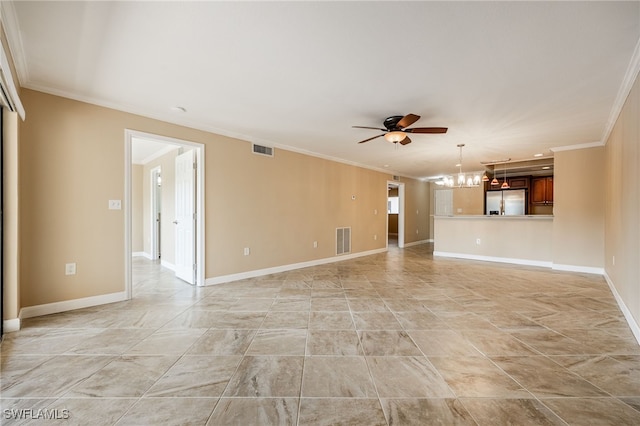 3458 Hancock Bridge Pkwy Unit 114, North Fort Myers, FL 33903 - unfurnished living room featuring a ceiling fan, a chandelier, ornamental molding, and baseboards