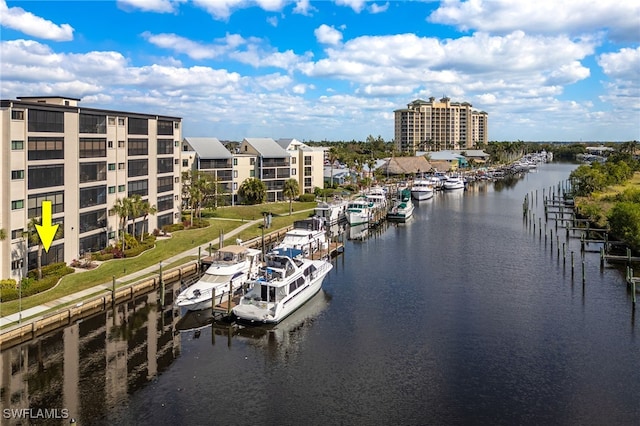 view of water feature with a boat dock