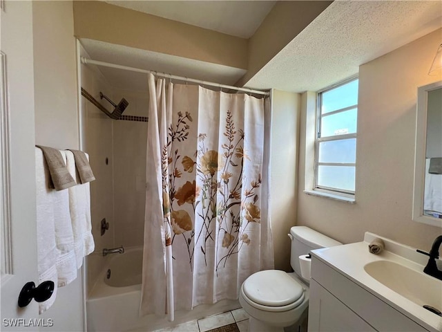 full bathroom with vanity, shower / bath combination with curtain, a textured ceiling, and toilet