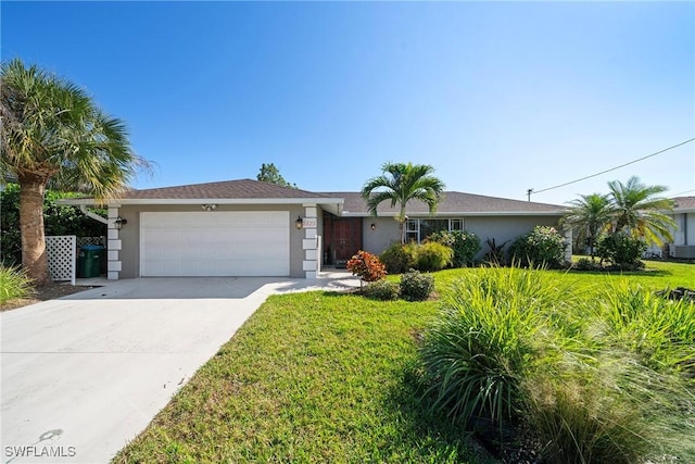 ranch-style house featuring a garage and a front yard