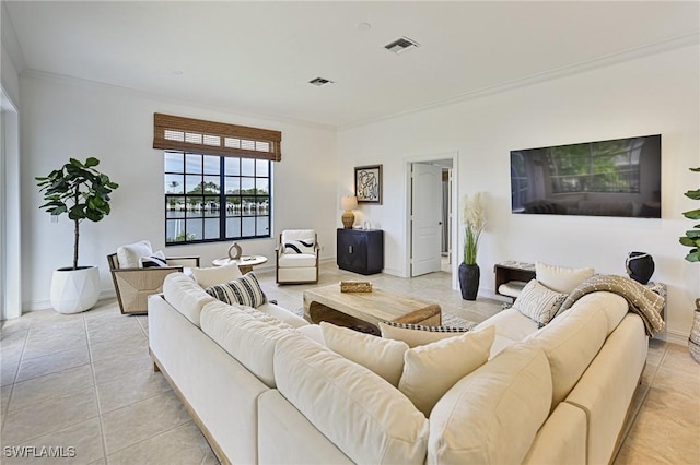 tiled living room featuring ornamental molding