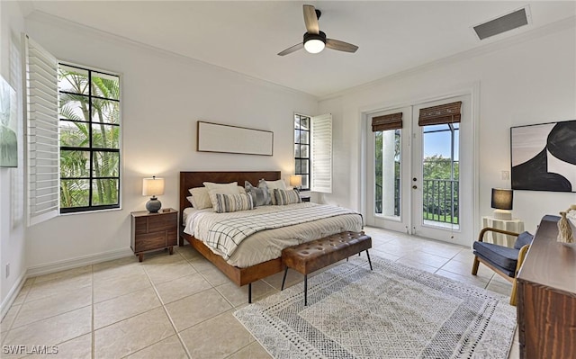 bedroom with light tile patterned floors, access to exterior, ceiling fan, crown molding, and french doors