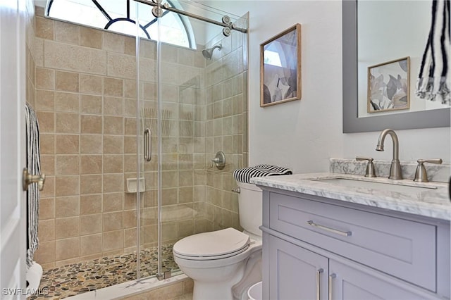 bathroom with vanity, an enclosed shower, and toilet