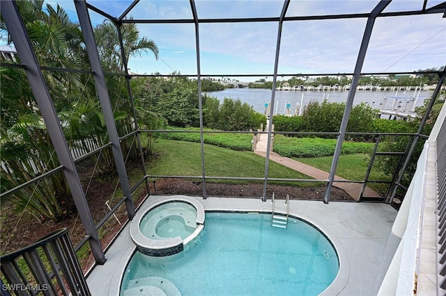 view of pool featuring a water view, a yard, an in ground hot tub, and glass enclosure