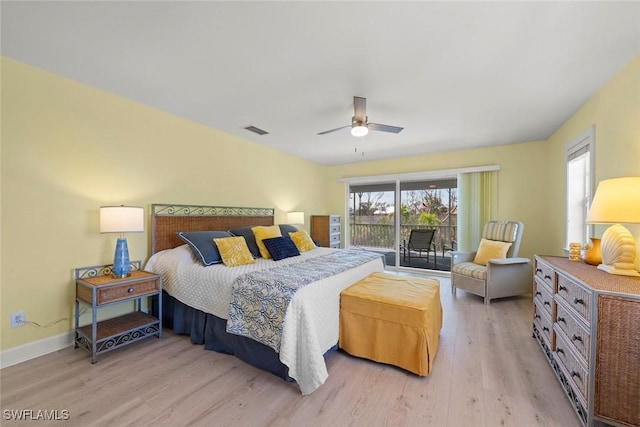 bedroom featuring light wood-type flooring, access to outside, visible vents, and baseboards