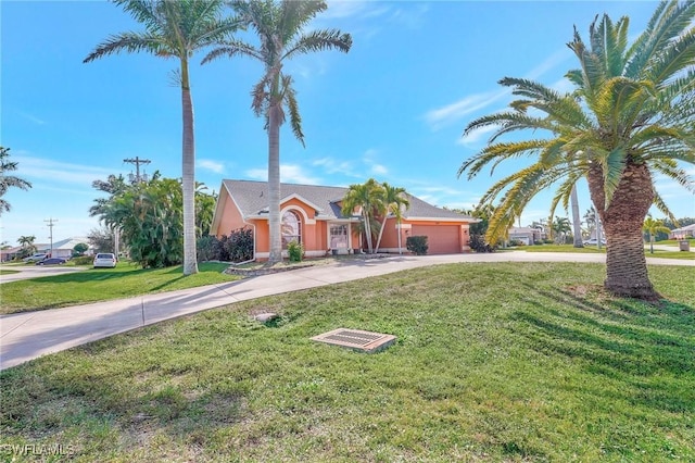 view of front of home with a front lawn, an attached garage, and driveway