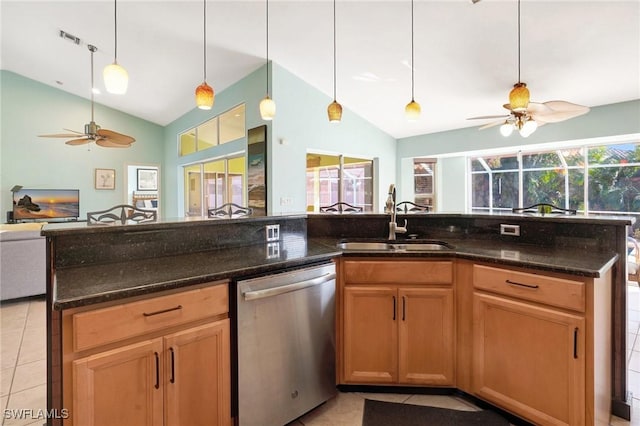 kitchen featuring light tile patterned floors, visible vents, a sink, stainless steel dishwasher, and open floor plan