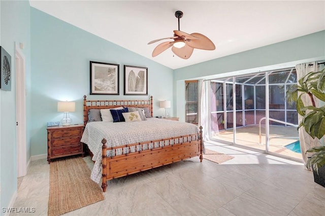 bedroom featuring multiple windows, vaulted ceiling, and access to outside