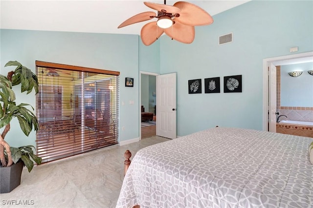 bedroom featuring visible vents, high vaulted ceiling, marble finish floor, and a ceiling fan