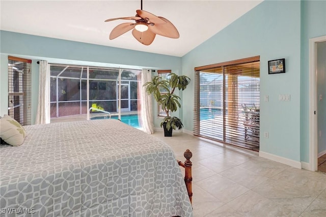 tiled bedroom with access to exterior, a ceiling fan, baseboards, and vaulted ceiling