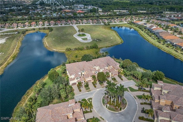 bird's eye view with a water view