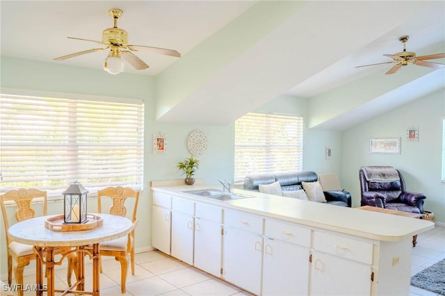 kitchen featuring white cabinetry, sink, ceiling fan, and kitchen peninsula