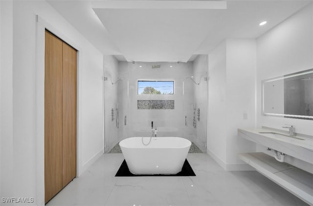 bathroom with shower with separate bathtub