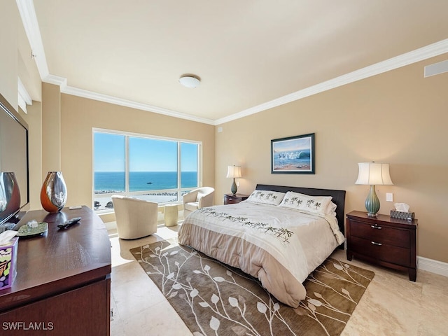 bedroom with crown molding and a water view