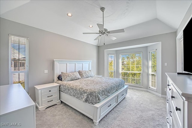 bedroom with vaulted ceiling, light carpet, access to exterior, and ceiling fan