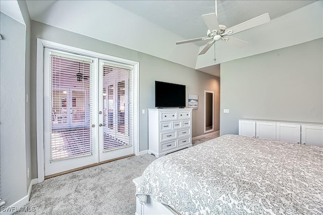 carpeted bedroom with lofted ceiling, access to outside, ceiling fan, and french doors