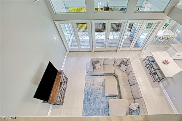 living room featuring hardwood / wood-style floors and a high ceiling