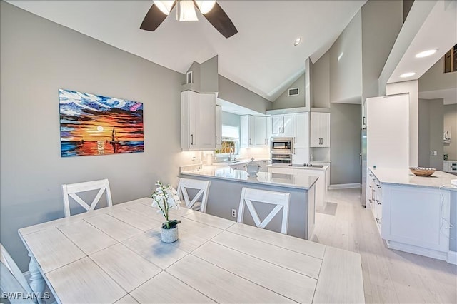 dining space with ceiling fan, high vaulted ceiling, sink, and light hardwood / wood-style flooring