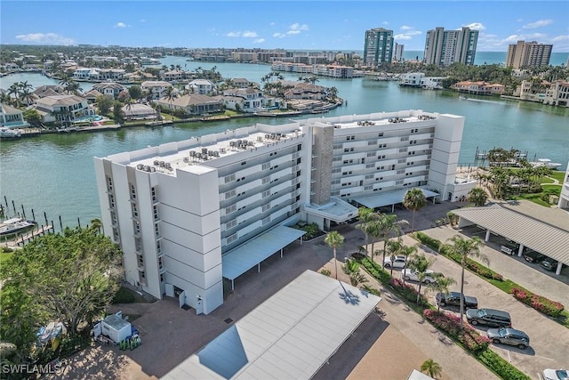 drone / aerial view with a water view