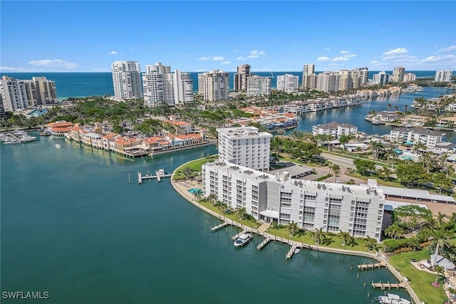 drone / aerial view featuring a water view